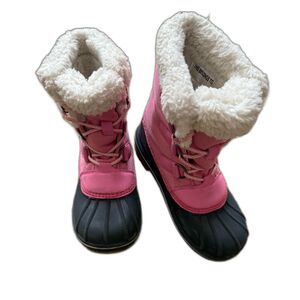 Cat & Jack Girl’s Snow Boots, Size 1, Pink/Black, Faux Fur, Lace Up